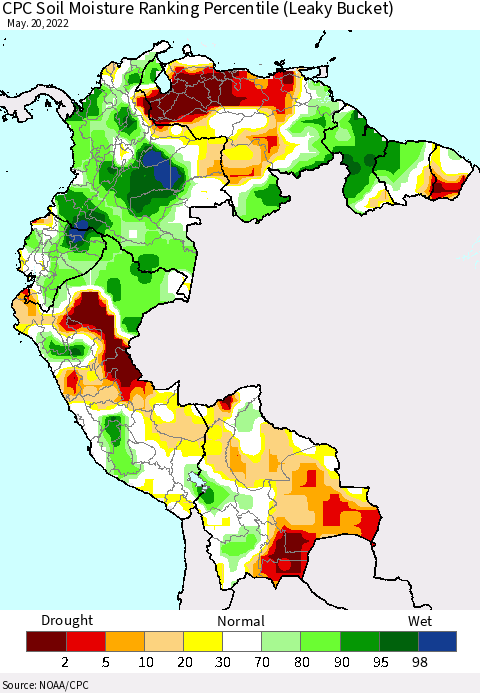 Northern South America CPC Calculated Soil Moisture Ranking Percentile Thematic Map For 5/16/2022 - 5/20/2022