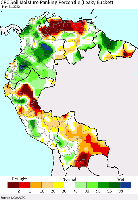 Northern South America CPC Calculated Soil Moisture Ranking Percentile Thematic Map For 5/26/2022 - 5/31/2022