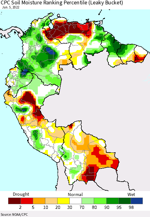 Northern South America CPC Calculated Soil Moisture Ranking Percentile Thematic Map For 6/1/2022 - 6/5/2022