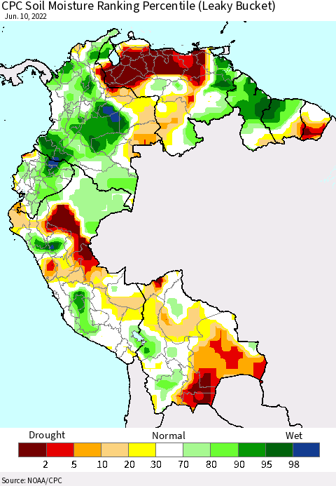 Northern South America CPC Soil Moisture Ranking Percentile (Leaky Bucket) Thematic Map For 6/6/2022 - 6/10/2022