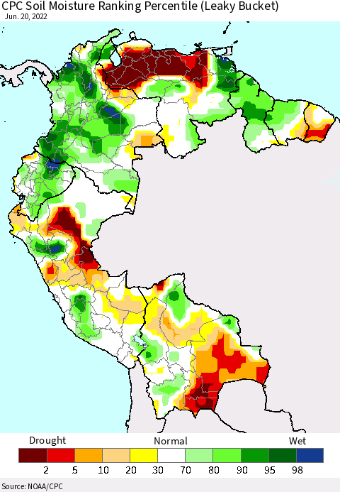 Northern South America CPC Calculated Soil Moisture Ranking Percentile Thematic Map For 6/16/2022 - 6/20/2022