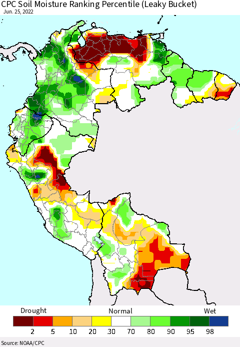 Northern South America CPC Calculated Soil Moisture Ranking Percentile Thematic Map For 6/21/2022 - 6/25/2022