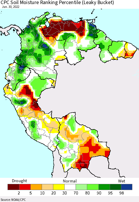 Northern South America CPC Calculated Soil Moisture Ranking Percentile Thematic Map For 6/26/2022 - 6/30/2022