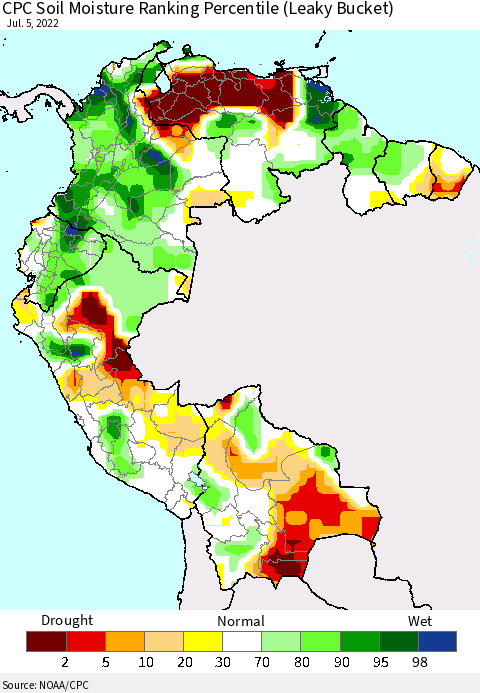 Northern South America CPC Calculated Soil Moisture Ranking Percentile Thematic Map For 7/1/2022 - 7/5/2022