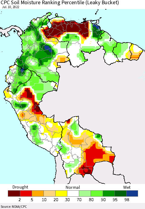 Northern South America CPC Calculated Soil Moisture Ranking Percentile Thematic Map For 7/6/2022 - 7/10/2022