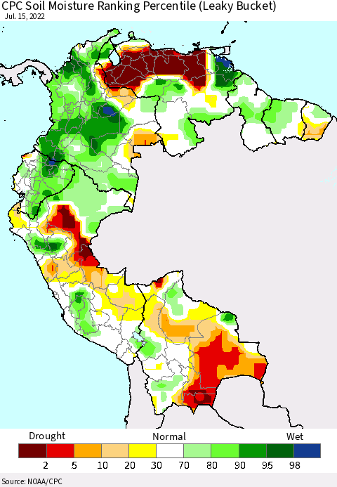 Northern South America CPC Calculated Soil Moisture Ranking Percentile Thematic Map For 7/11/2022 - 7/15/2022