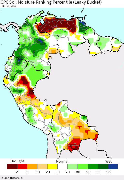 Northern South America CPC Calculated Soil Moisture Ranking Percentile Thematic Map For 7/16/2022 - 7/20/2022