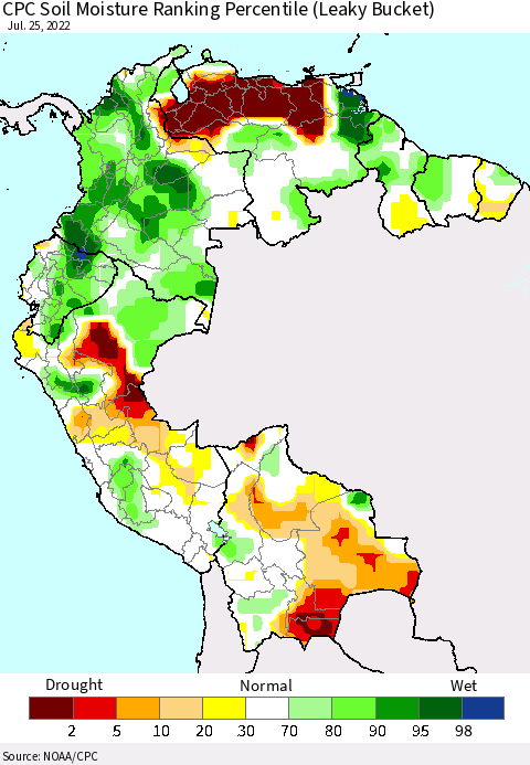 Northern South America CPC Calculated Soil Moisture Ranking Percentile Thematic Map For 7/21/2022 - 7/25/2022