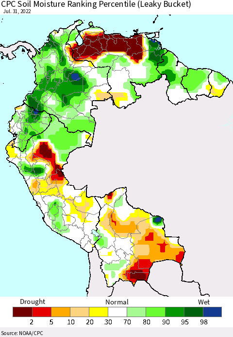Northern South America CPC Calculated Soil Moisture Ranking Percentile Thematic Map For 7/26/2022 - 7/31/2022