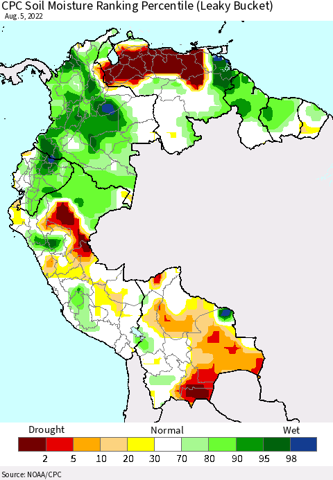 Northern South America CPC Calculated Soil Moisture Ranking Percentile Thematic Map For 8/1/2022 - 8/5/2022