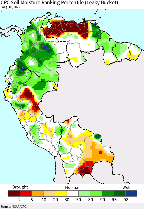 Northern South America CPC Calculated Soil Moisture Ranking Percentile Thematic Map For 8/6/2022 - 8/10/2022