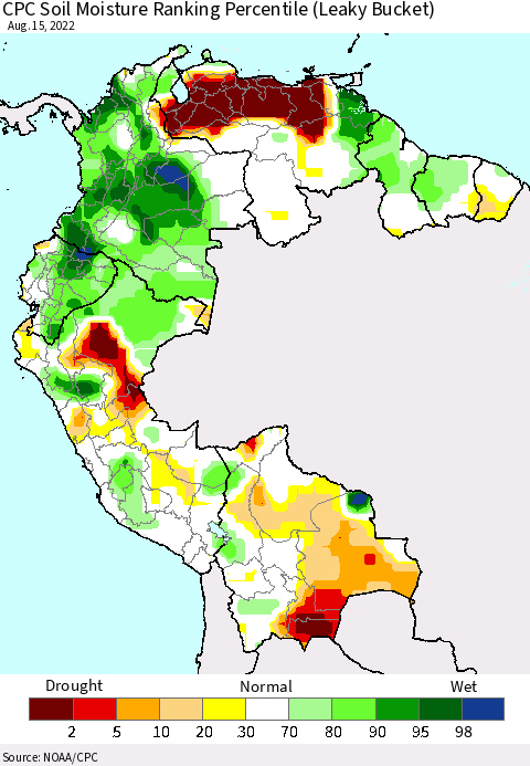 Northern South America CPC Calculated Soil Moisture Ranking Percentile Thematic Map For 8/11/2022 - 8/15/2022