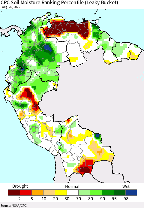 Northern South America CPC Soil Moisture Ranking Percentile (Leaky Bucket) Thematic Map For 8/16/2022 - 8/20/2022