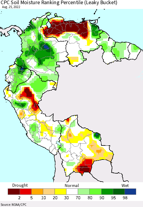 Northern South America CPC Calculated Soil Moisture Ranking Percentile Thematic Map For 8/21/2022 - 8/25/2022