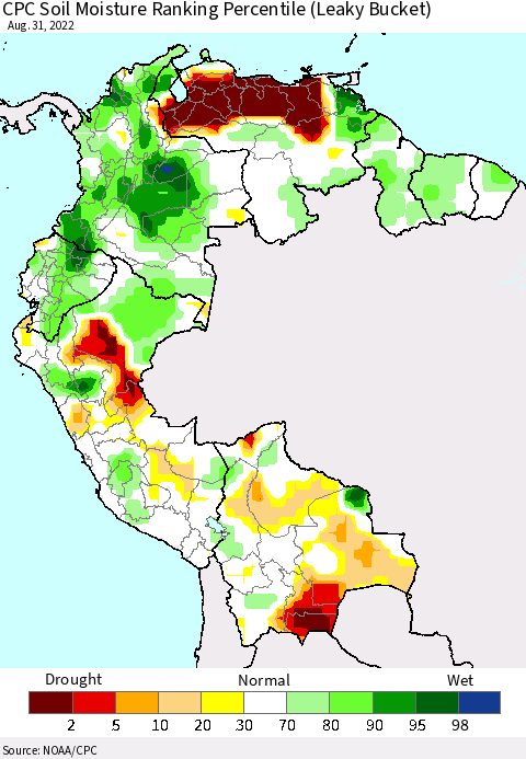 Northern South America CPC Calculated Soil Moisture Ranking Percentile Thematic Map For 8/26/2022 - 8/31/2022