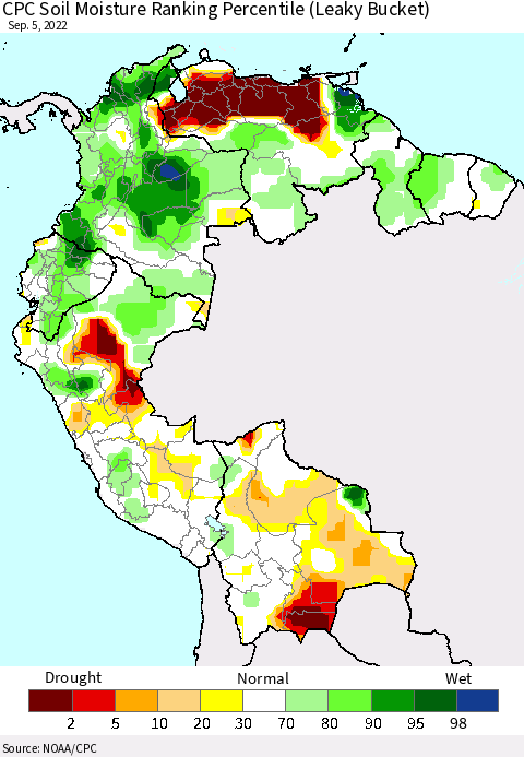 Northern South America CPC Soil Moisture Ranking Percentile (Leaky Bucket) Thematic Map For 9/1/2022 - 9/5/2022