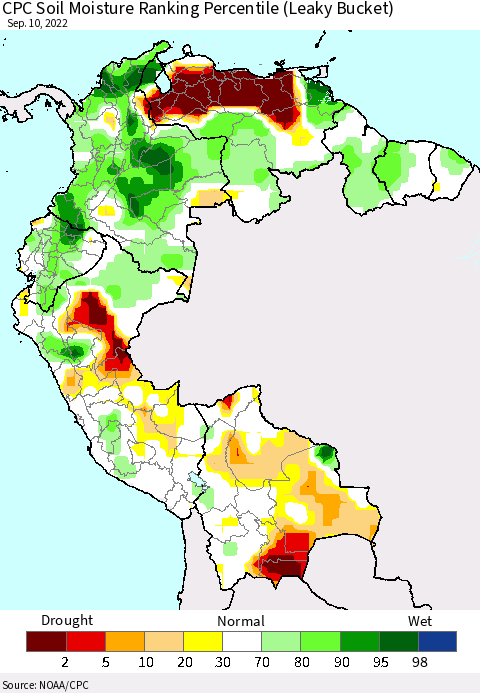 Northern South America CPC Calculated Soil Moisture Ranking Percentile Thematic Map For 9/6/2022 - 9/10/2022