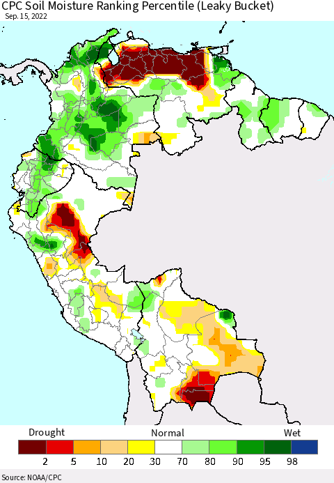 Northern South America CPC Calculated Soil Moisture Ranking Percentile Thematic Map For 9/11/2022 - 9/15/2022