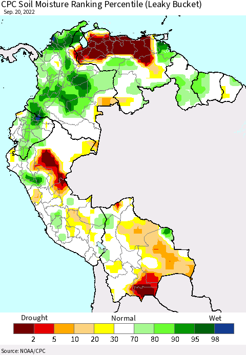 Northern South America CPC Calculated Soil Moisture Ranking Percentile Thematic Map For 9/16/2022 - 9/20/2022