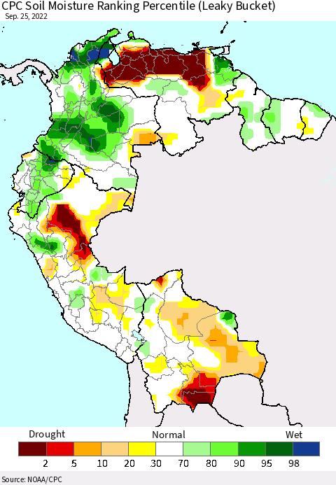 Northern South America CPC Calculated Soil Moisture Ranking Percentile Thematic Map For 9/21/2022 - 9/25/2022