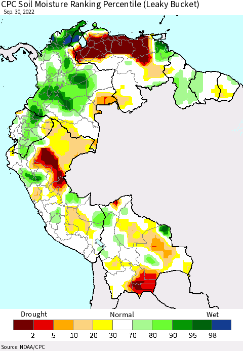 Northern South America CPC Calculated Soil Moisture Ranking Percentile Thematic Map For 9/26/2022 - 9/30/2022