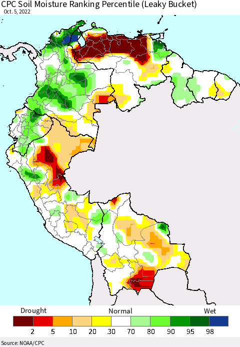 Northern South America CPC Soil Moisture Ranking Percentile (Leaky Bucket) Thematic Map For 10/1/2022 - 10/5/2022