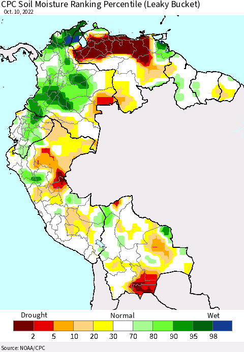 Northern South America CPC Calculated Soil Moisture Ranking Percentile Thematic Map For 10/6/2022 - 10/10/2022