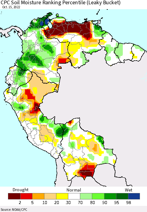 Northern South America CPC Soil Moisture Ranking Percentile (Leaky Bucket) Thematic Map For 10/11/2022 - 10/15/2022