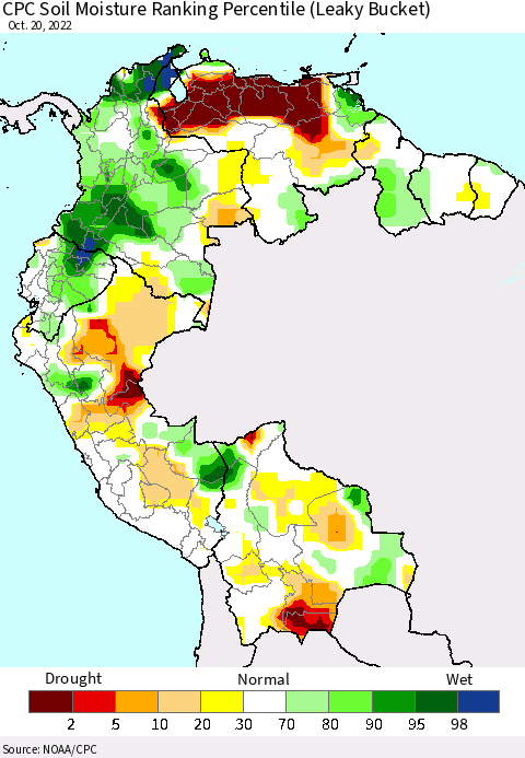 Northern South America CPC Calculated Soil Moisture Ranking Percentile Thematic Map For 10/16/2022 - 10/20/2022
