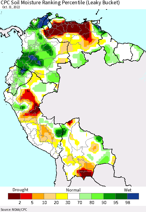 Northern South America CPC Soil Moisture Ranking Percentile (Leaky Bucket) Thematic Map For 10/26/2022 - 10/31/2022