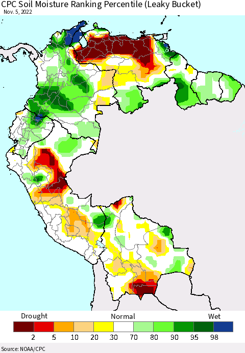 Northern South America CPC Soil Moisture Ranking Percentile (Leaky Bucket) Thematic Map For 11/1/2022 - 11/5/2022
