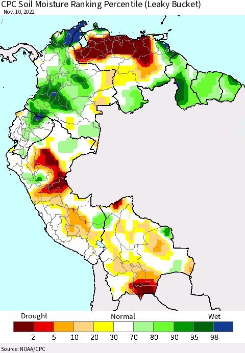 Northern South America CPC Calculated Soil Moisture Ranking Percentile Thematic Map For 11/6/2022 - 11/10/2022