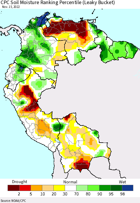 Northern South America CPC Calculated Soil Moisture Ranking Percentile Thematic Map For 11/11/2022 - 11/15/2022