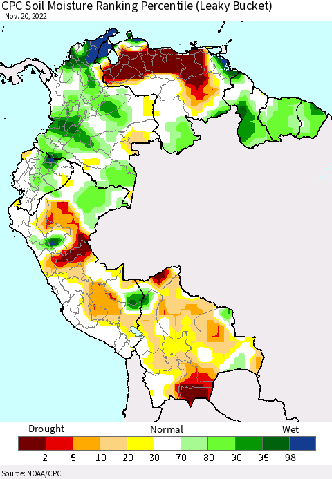 Northern South America CPC Calculated Soil Moisture Ranking Percentile Thematic Map For 11/16/2022 - 11/20/2022