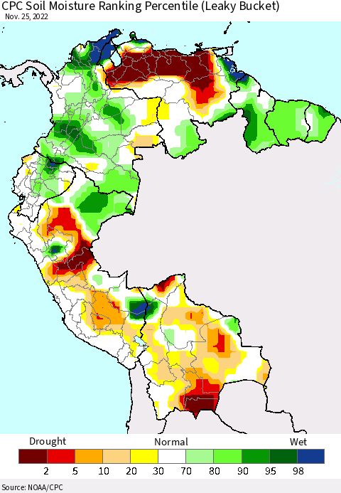 Northern South America CPC Calculated Soil Moisture Ranking Percentile Thematic Map For 11/21/2022 - 11/25/2022