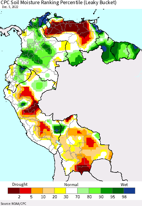 Northern South America CPC Calculated Soil Moisture Ranking Percentile Thematic Map For 12/1/2022 - 12/5/2022