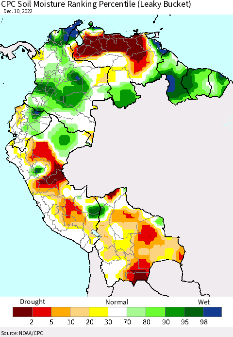 Northern South America CPC Calculated Soil Moisture Ranking Percentile Thematic Map For 12/6/2022 - 12/10/2022