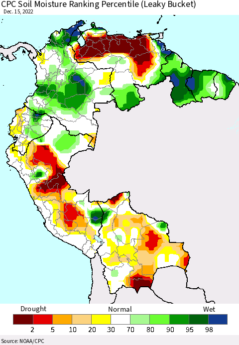 Northern South America CPC Soil Moisture Ranking Percentile (Leaky Bucket) Thematic Map For 12/11/2022 - 12/15/2022