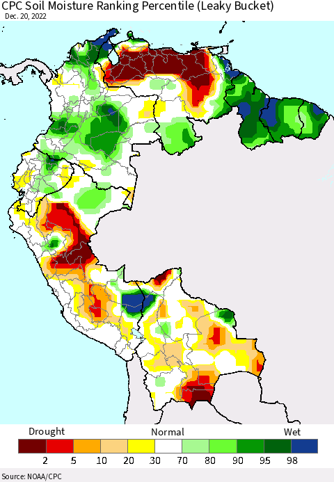 Northern South America CPC Calculated Soil Moisture Ranking Percentile Thematic Map For 12/16/2022 - 12/20/2022