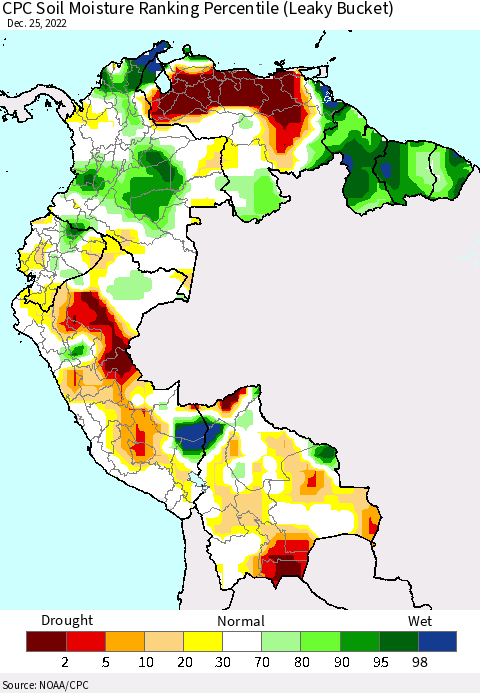 Northern South America CPC Calculated Soil Moisture Ranking Percentile Thematic Map For 12/21/2022 - 12/25/2022