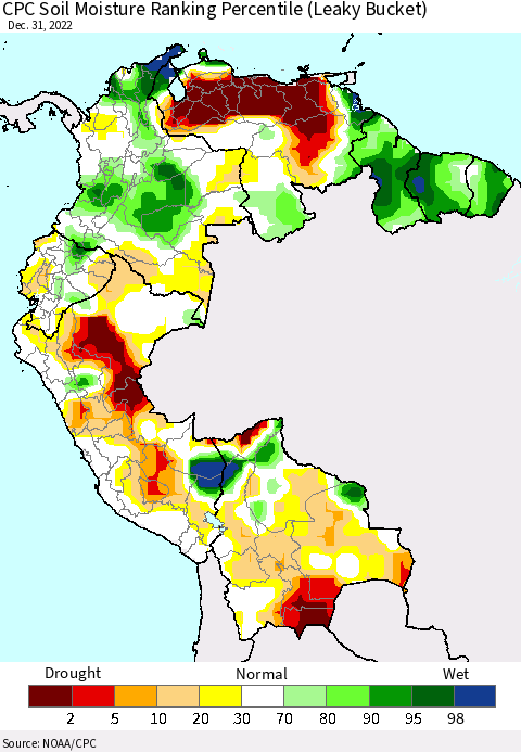 Northern South America CPC Calculated Soil Moisture Ranking Percentile Thematic Map For 12/26/2022 - 12/31/2022