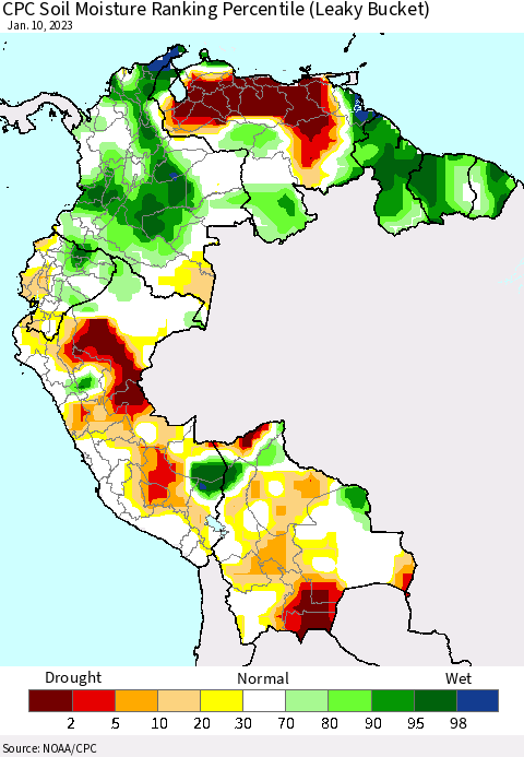 Northern South America CPC Calculated Soil Moisture Ranking Percentile Thematic Map For 1/6/2023 - 1/10/2023
