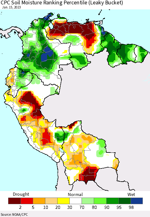 Northern South America CPC Calculated Soil Moisture Ranking Percentile Thematic Map For 1/11/2023 - 1/15/2023
