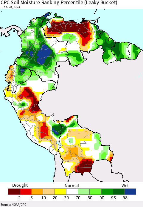 Northern South America CPC Soil Moisture Ranking Percentile (Leaky Bucket) Thematic Map For 1/16/2023 - 1/20/2023