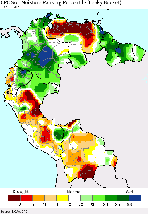 Northern South America CPC Calculated Soil Moisture Ranking Percentile Thematic Map For 1/21/2023 - 1/25/2023