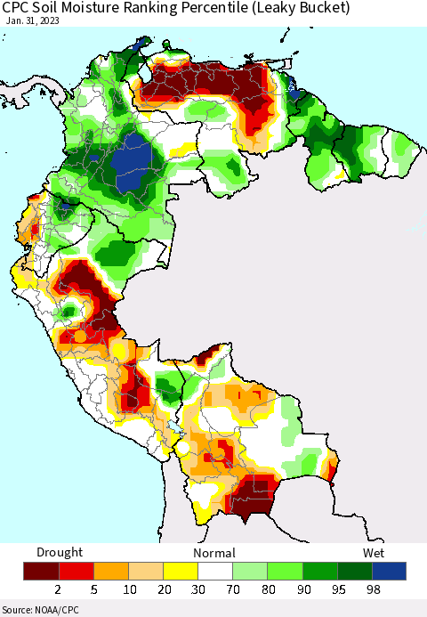 Northern South America CPC Calculated Soil Moisture Ranking Percentile Thematic Map For 1/26/2023 - 1/31/2023