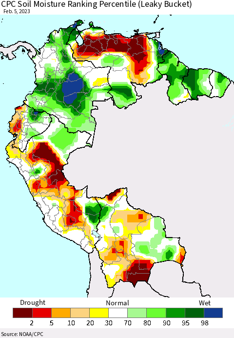 Northern South America CPC Calculated Soil Moisture Ranking Percentile Thematic Map For 2/1/2023 - 2/5/2023