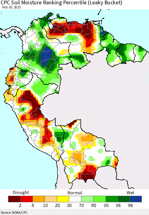 Northern South America CPC Calculated Soil Moisture Ranking Percentile Thematic Map For 2/6/2023 - 2/10/2023