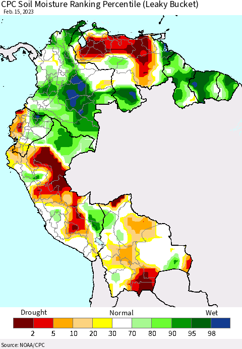 Northern South America CPC Calculated Soil Moisture Ranking Percentile Thematic Map For 2/11/2023 - 2/15/2023
