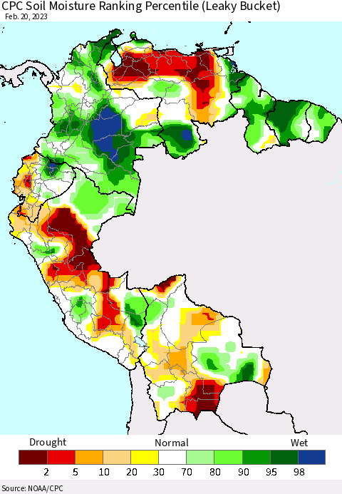 Northern South America CPC Soil Moisture Ranking Percentile (Leaky Bucket) Thematic Map For 2/16/2023 - 2/20/2023